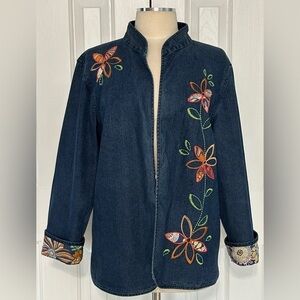 Alfred Dunner Denim Floral Embroidered Jacket 16W Open Front